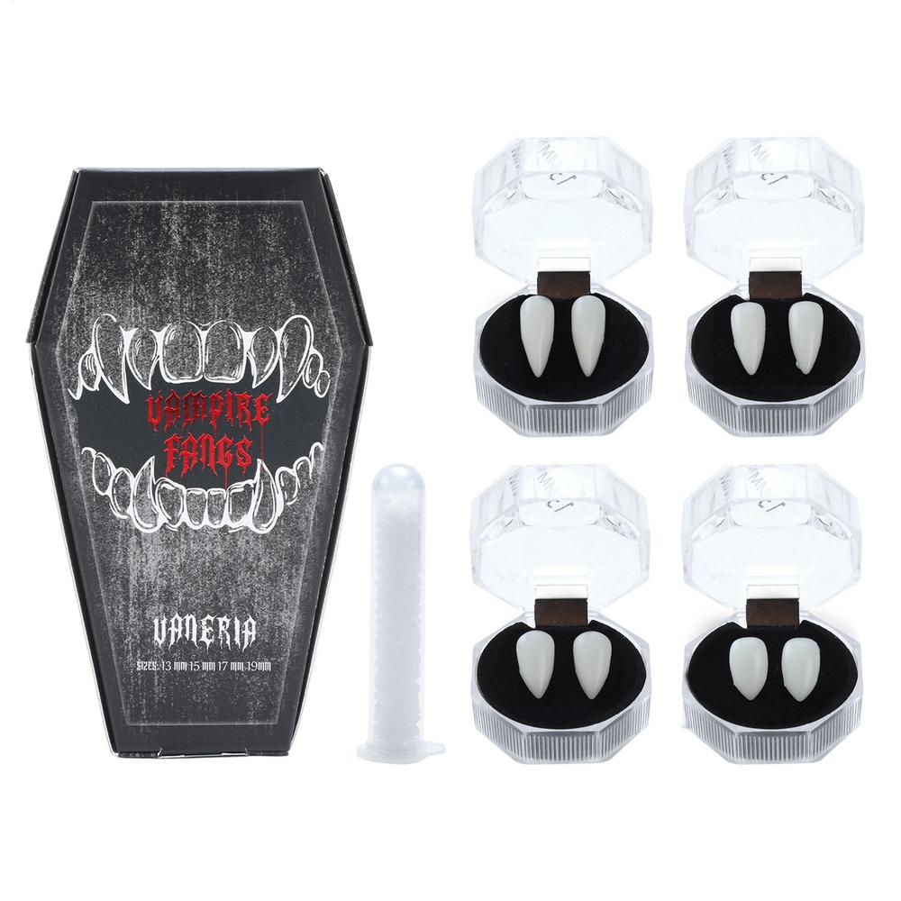 

4 Size Vampire Fangs For Cosplay Halloween with Tube Solid Adhesive Vampire Coffin Gift Box Design Halloween Party Supplies