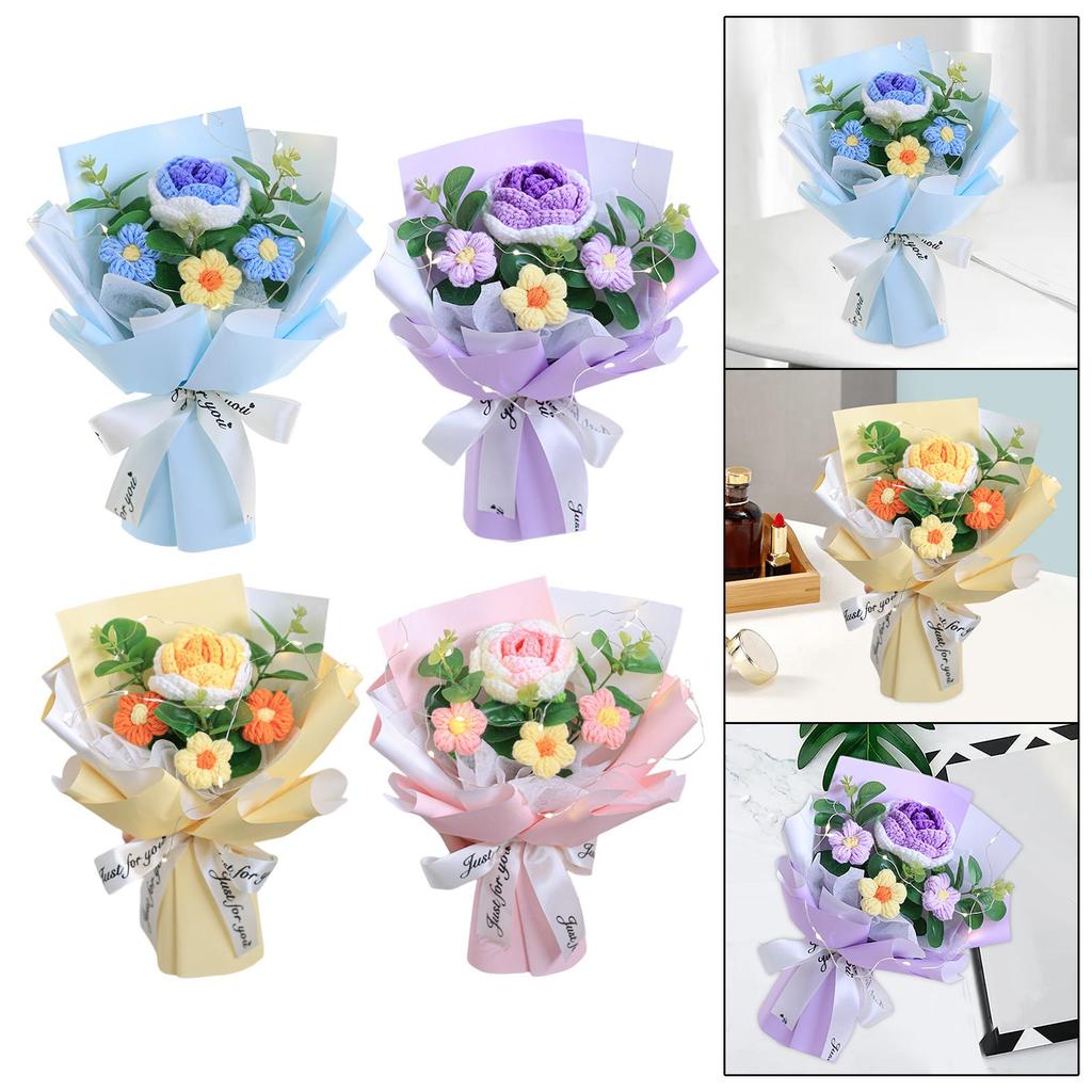 Crochet Flower Bouquet Already Made Decorative Decor Versatile Hand Woven Bouquet Knitted Flowers for Valentine's Day Festival