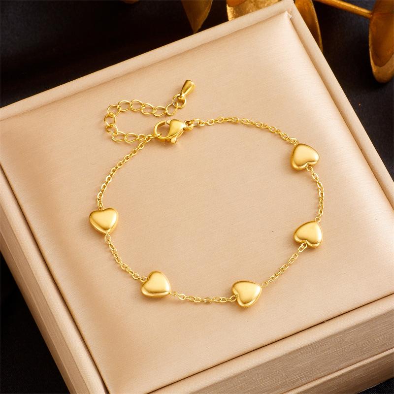 Gold Plated Multi Heart Charm Bracelet, Dainty Puffed Heart Link Chain, Minimalist Love Jewelry for Women Gift