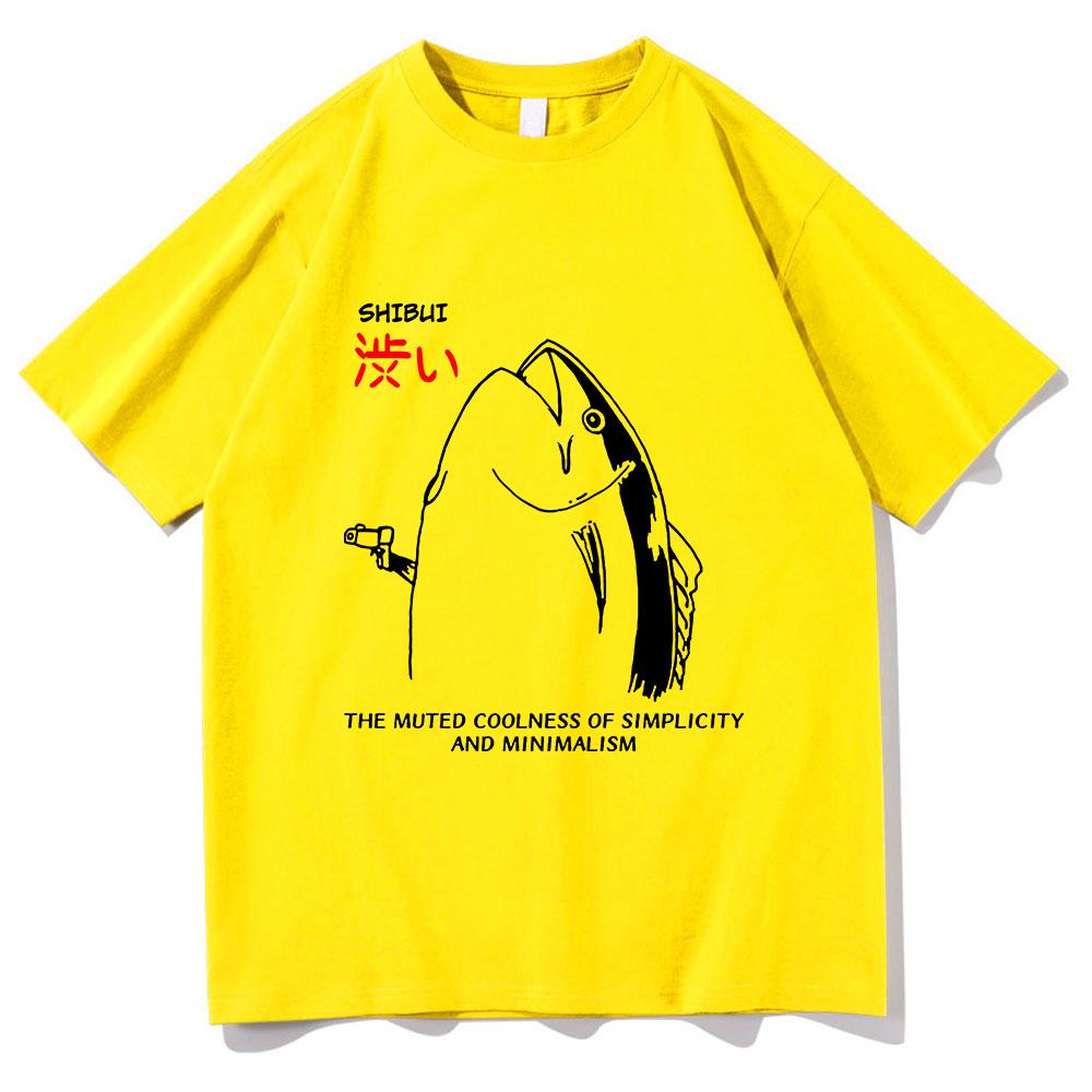 Harajuku Style Lovely Autumn All-purpose Top Fun Japanese Fish and Gun Design T-shirt Couples Unisex Cotton Design T-shirt