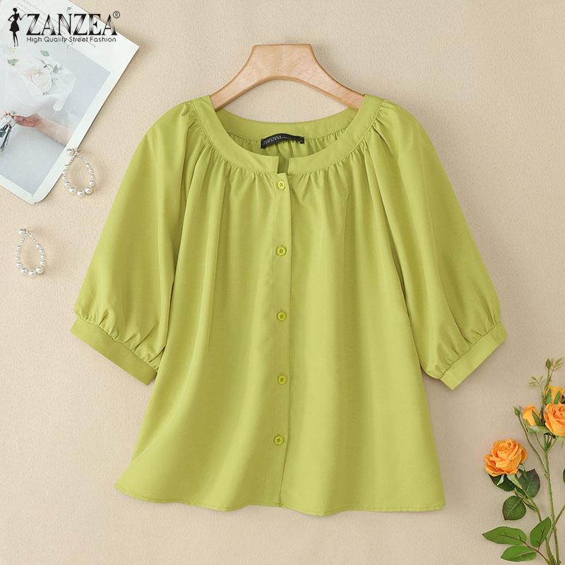 ZANZEA Women Casual Round Neck Loose Summer Short Sleeve Blouse
