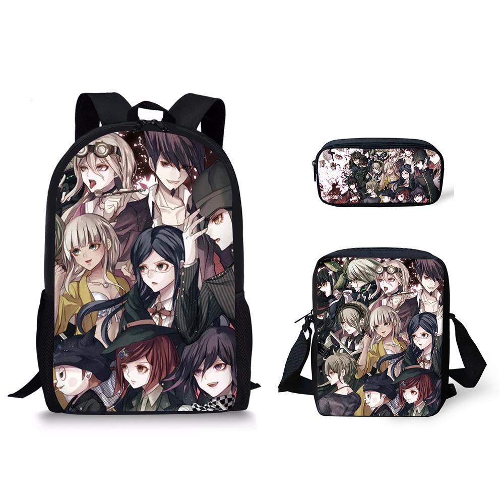 Classic Danganronpa Pattern 3D Print 3pcs/Set Pupil School Bags Laptop Daypack Backpack Inclined Shoulder Bag Pencil Case