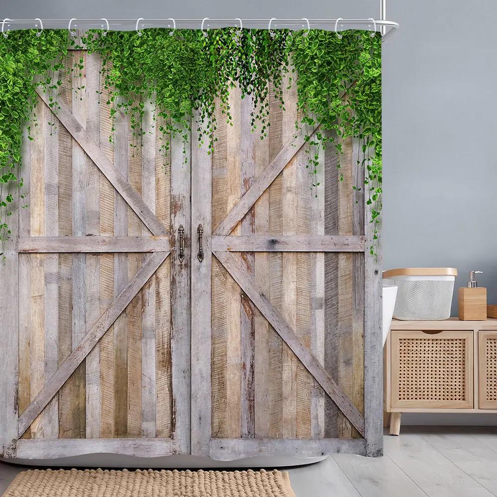 Vintage Wooden Door Shower Curtain Rustic Door Window Wheel Botanical Barn Polyester Shower Curtains Bathroom Decor with Hooks
