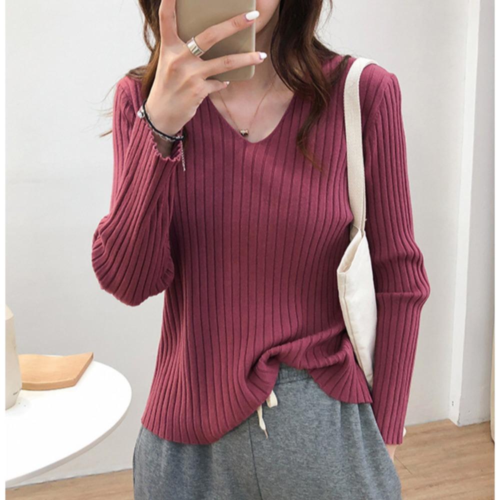 Autumn/Winter Knitwear Sweaters Women’s V-neck Pit Strip Pullover Long Sleeves Bottom Top Casual Knitted Sweater