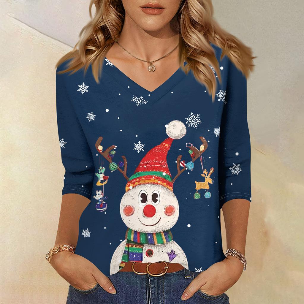 3/4 Sleeve Shirts For Women Print Christmas Tees Blouses Casual Plus Size Basic Tops Pullover