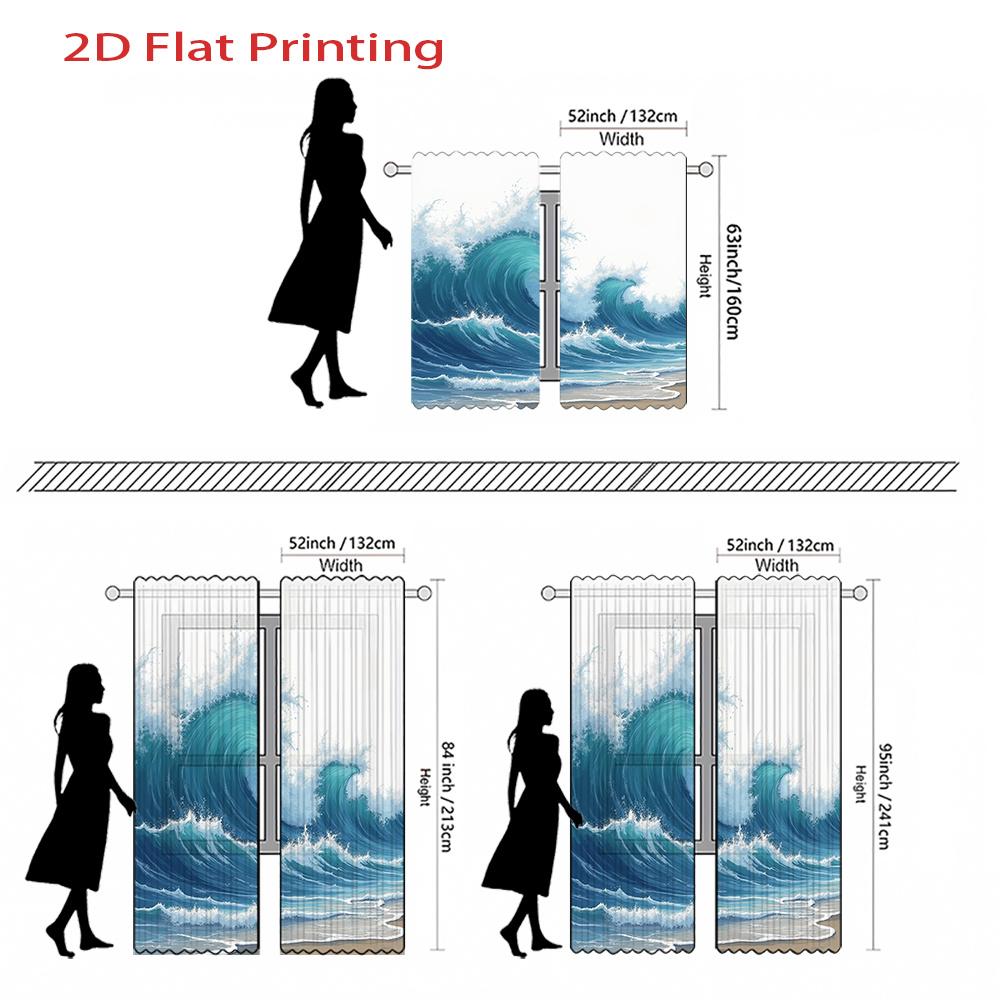 Set Of 2 Flat Printed Curtains Ocean Wave Pattern Blue White Color Beach Style Polyester Fabric Curtain Made With Rod Pocket