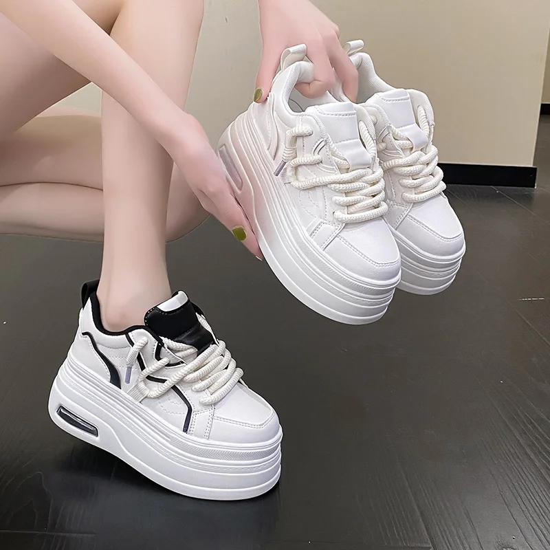 Woman Breathable High Top Black White Boots Shoes Women Casual Sport Shoes Platform Hidden Increasing 8CM Platform Sneakers Shoe