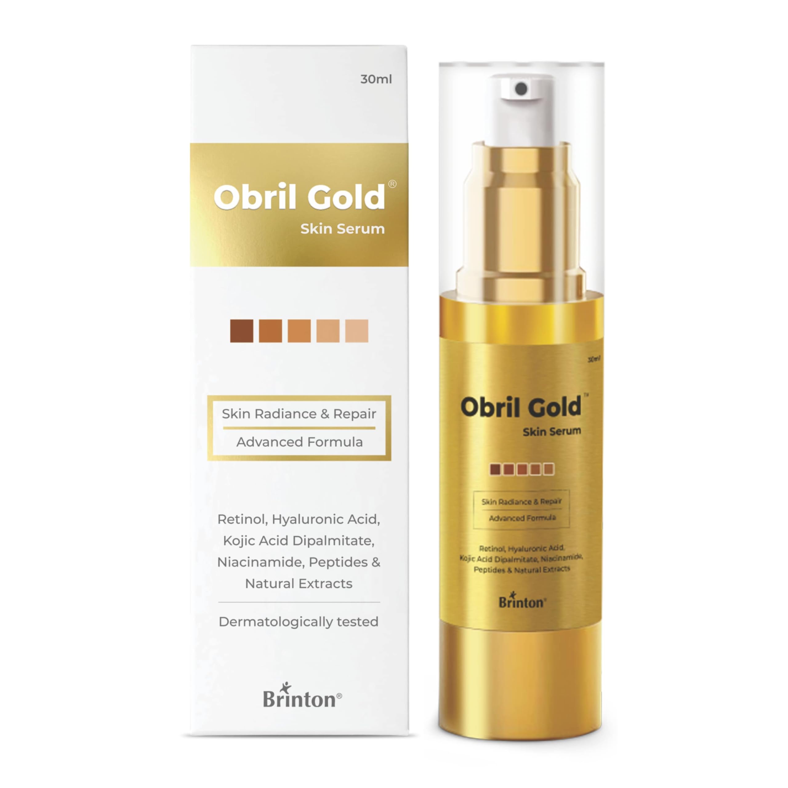 Сыворотка Brinton obril Gold против гиперпигментации | С гиалуроновой кислотой, ниацинамидом, койевой кислотой и ретинолом | Осветляет темные пятна, следы от акне, морщины и