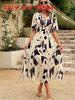 Floral Print V Neck Dress With Short Lantern Sleeves For Casual Female Wear
