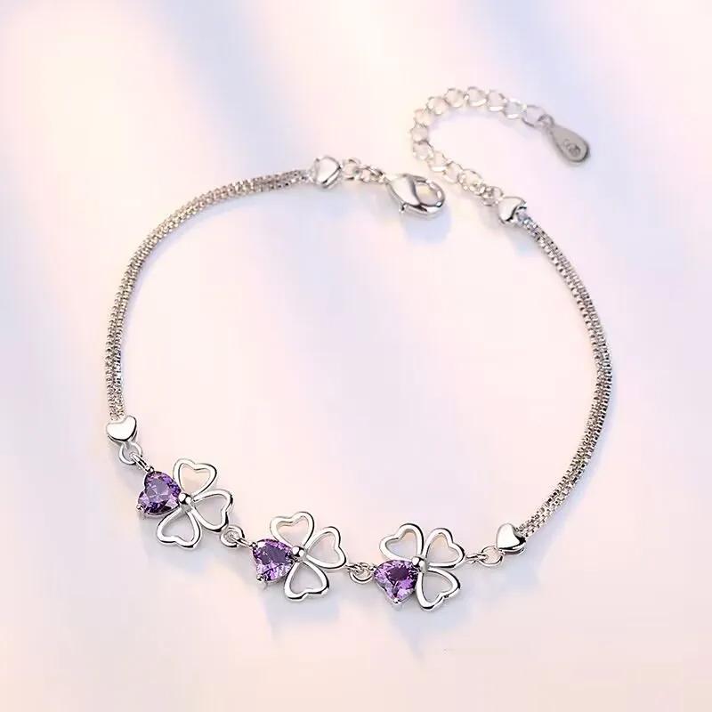 Brățări Fine din Argint Sterling 925 cu Cristal Violet Trifoi Norocos pentru Femei Accesorii de Modă pentru Petrecere Nuntă Bijuterii 17CM+4CM