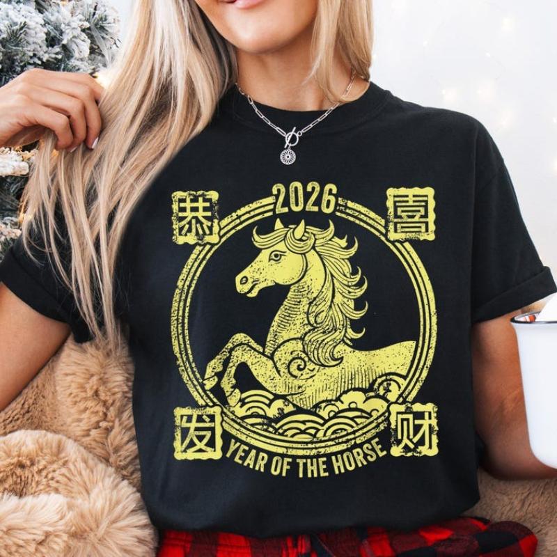 Of The Chinese New Year with Horse Graphic Lunar Happy Streetwear Shirt Crewneck Casual Style Cotton TShirts Lover Unisex