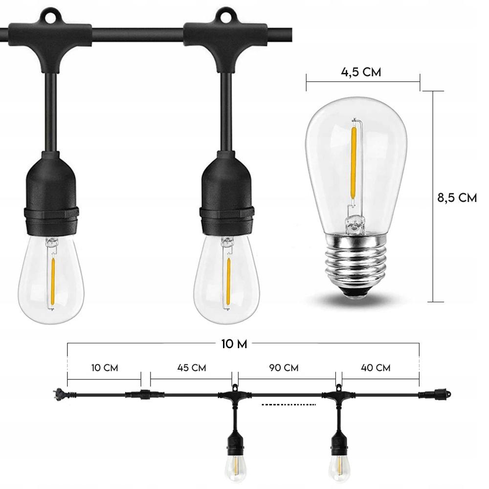 Garden Light Garland 10m with Bulbs, Outdoor Chain of Garden Lights