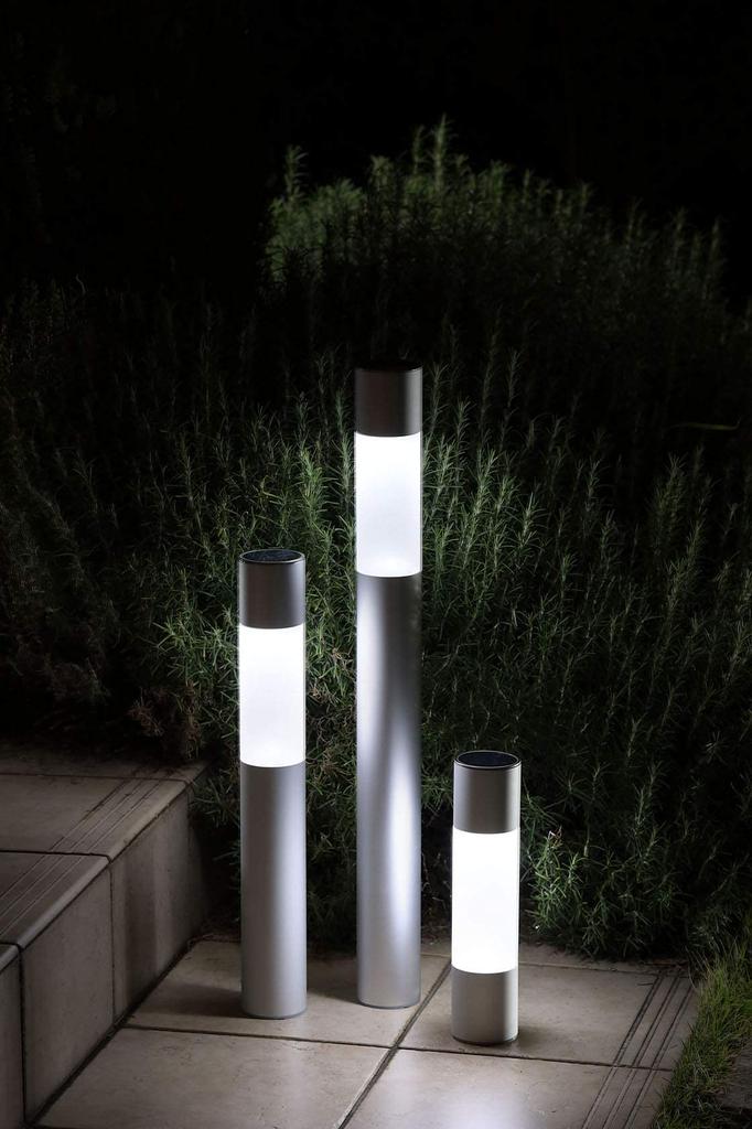 GW Solar [Stylish and Modern Light  Solar Light  7cm Diameter, 50cm Tall Aluminum Pole] [Pole Color: Silver] WhiteWarm White Switch, IPX4, No Wiring