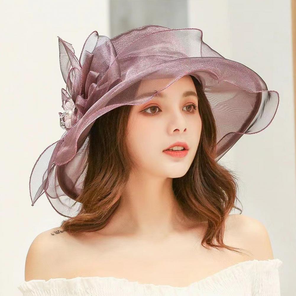 Fashion Hat Women Top Hat Elegant Organza Flower Wide Brim Sun Hat for Women Retro Style Party Banquet Accessory Foldable Beach
