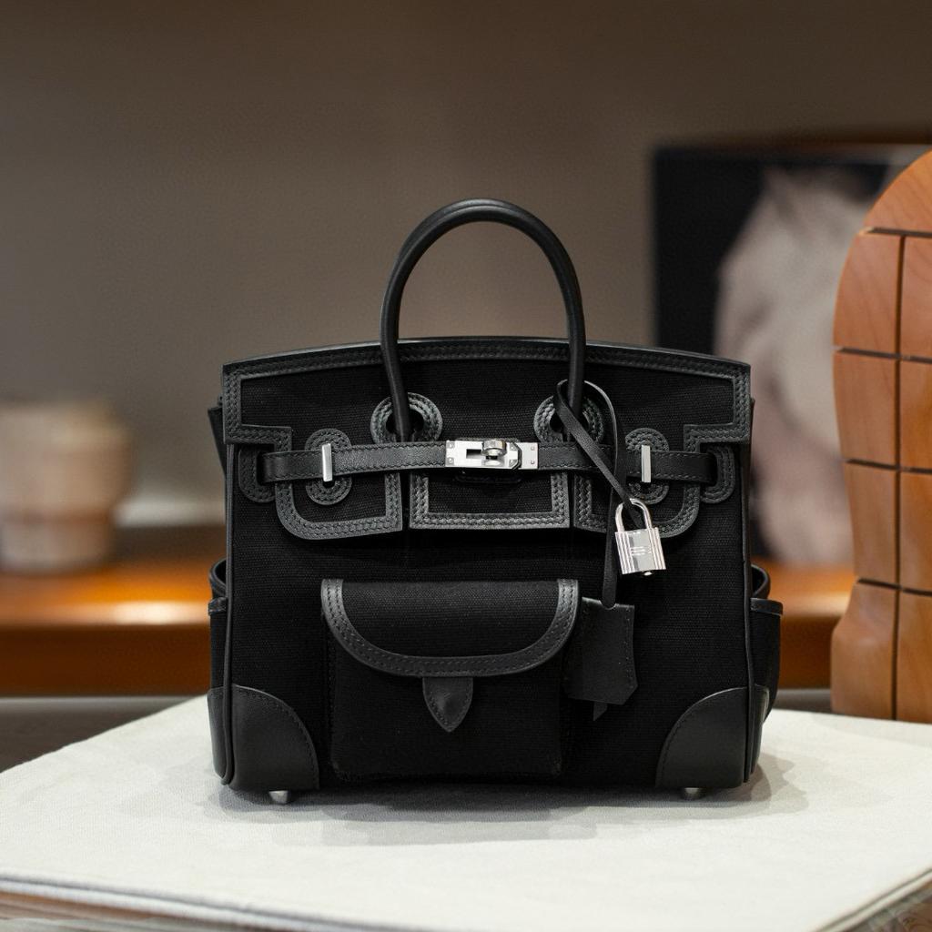 Swift Cowhide Patchwork Canvas Pocket Platinum Bag 25cm Color-blocked Handbag High-end One-shoulder Crossbody Women's Bag