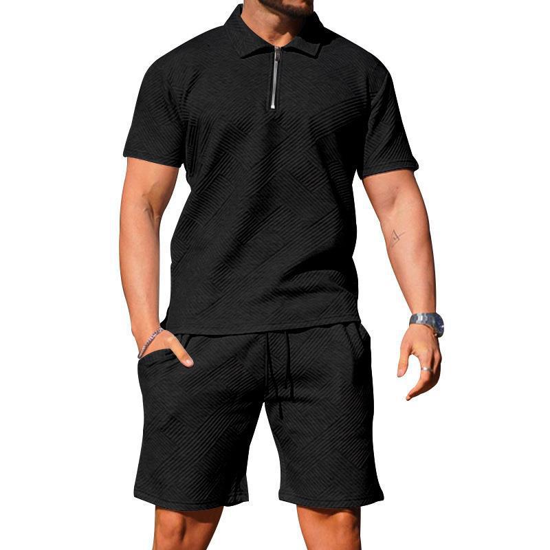 Lässige Textur Jacquard POLO Reißverschluss Revershemd kurzärmliges Shorts-Set