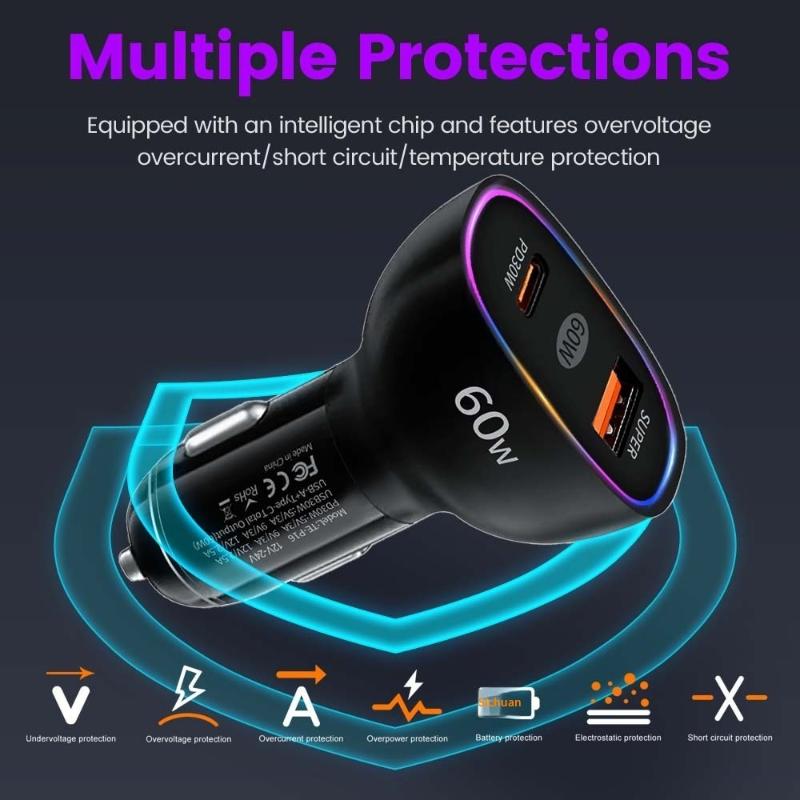 Car Charger 60W Usb C Fast Charger Pd30W Qc3.0 Dual Port Adapter Quick Charge 3A For Mobile Phones Tablets