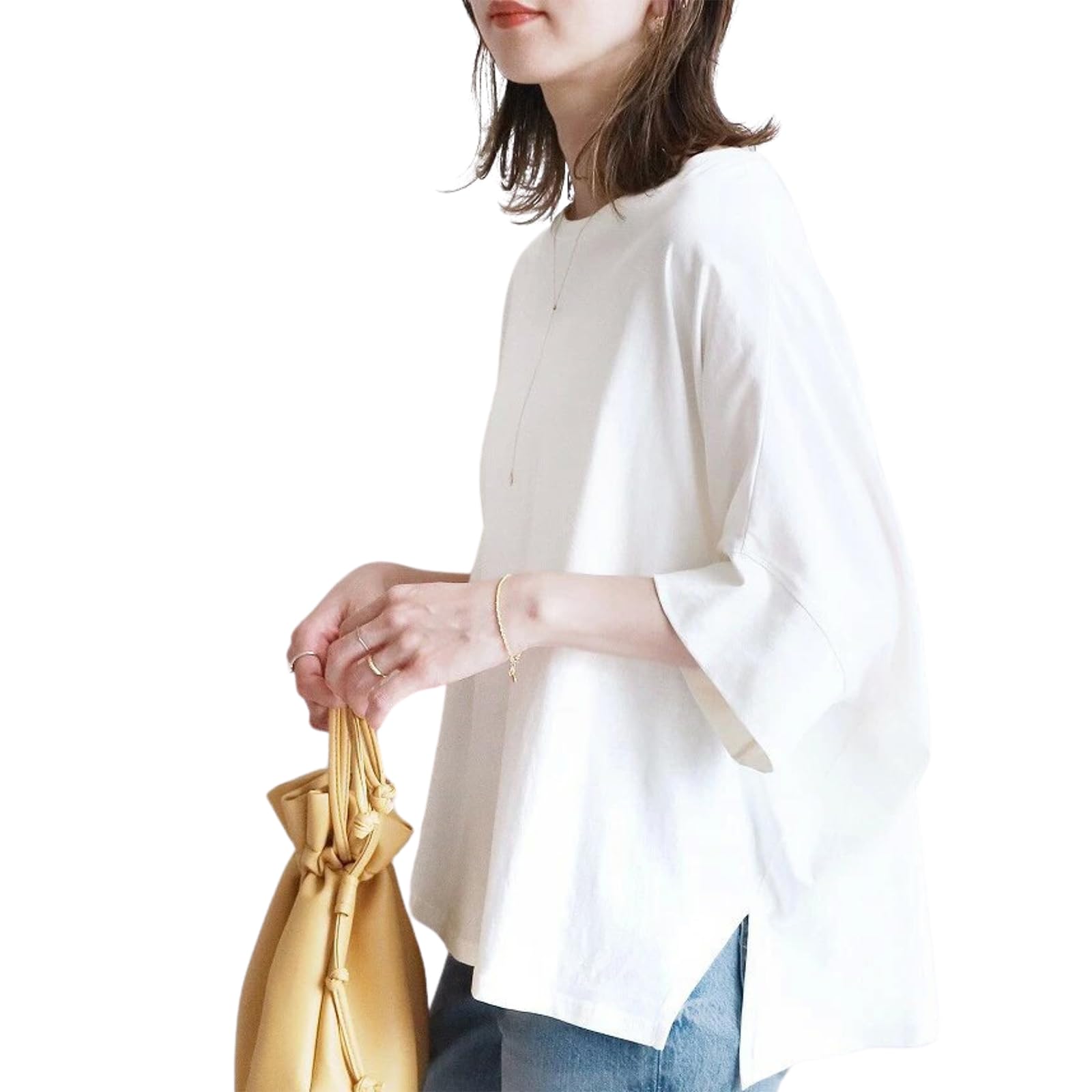 

Short Sleeve Large Cut and Quick Dolman Round Summer Loose Black [Shanique] Women s T-shirt, Top, Plain, Spring, Summer, 100% Cotton, Size, 3/4 белый