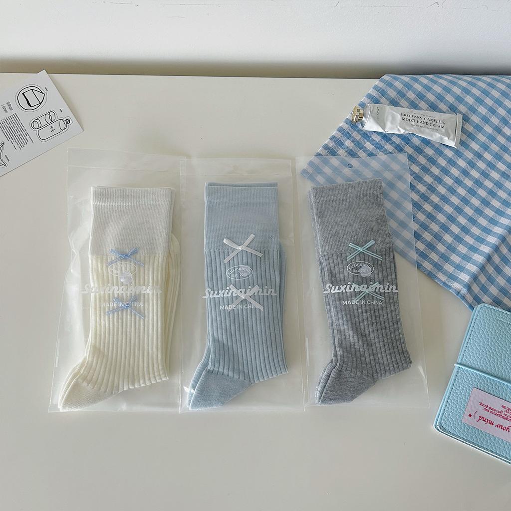 Ballet Style Solid Color Bow Mid Tube Socks Summer Cotton Lightweight Breathable Fashionable Soft Comfortable Casual Women Socks