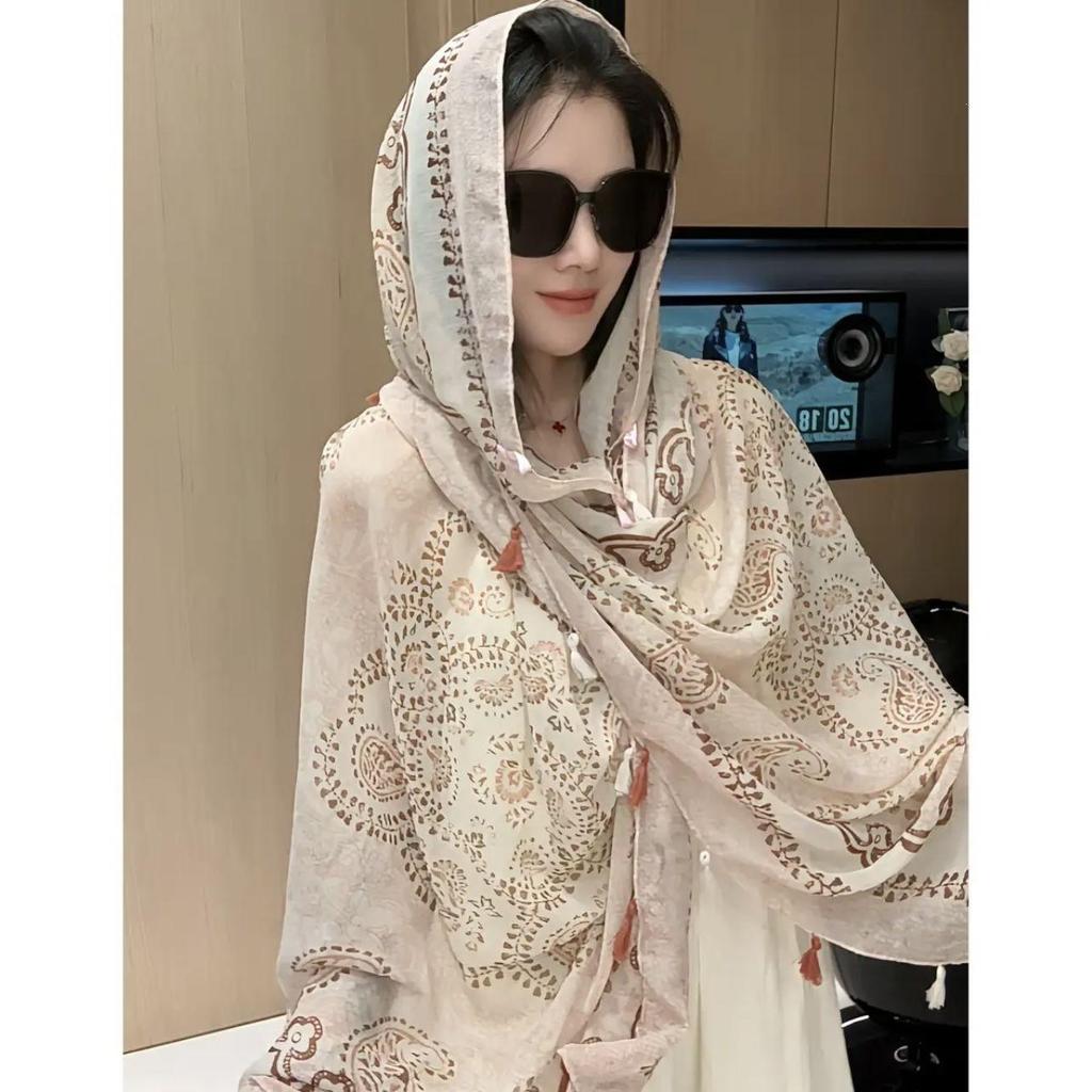 Women's Retro Ethnic Silk Scarf with Frog Button Shawl for Sun Protection