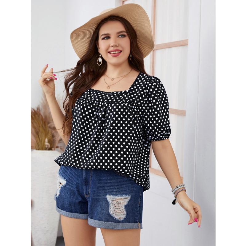 Sommer Herbst Damen Chiffon Kurz Rundhals Bluse Karomuster Temperament Pendler Polka Dot Hemd XL-4XL