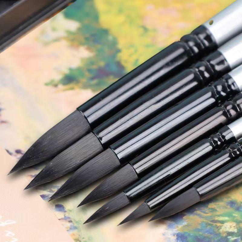 7Pcs Art Brush Set - Round/Pointed Tips For Gouache/H2O | Beginner Artist Kit W/Wood Handle (No Shed)