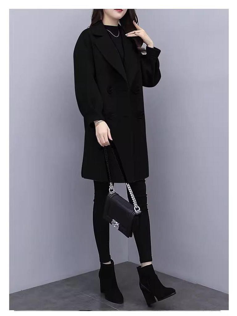 Petite Women's Mid-Length Lantern Sleeve Black Wool Coat - 2025 Korean Style for Autumn and Spring