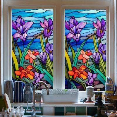 Window Privacy Film Static Clings Decals Colorful Orchid Pattern Adhesive Free Removable Anti UV