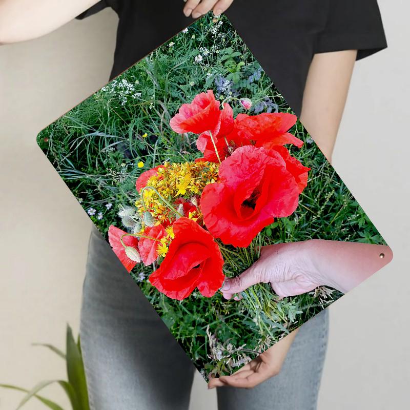 

Hand Painted Red Poppy Bouquet Metal Iron Painting Home Wall Decor Art Hanging for Living Room Bedroom 20x30cm（7.8x11.8inch）