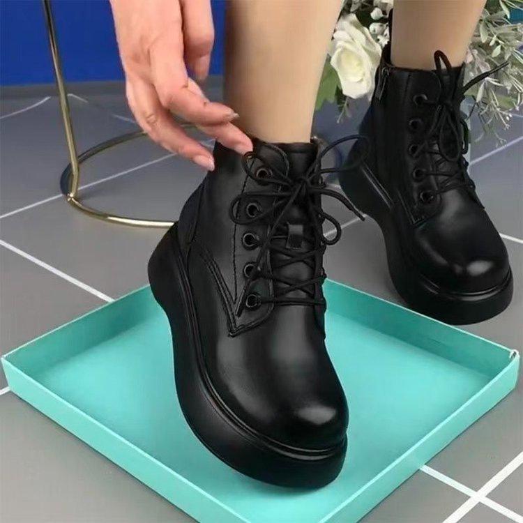 Thick-soled Martin Boots Women's 2025 Autumn and Winter New Short Boots Round Head Lace-up Light Muffin Velvet Warm Thick-soled Single Boots