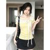 Morning Collar [original Quality - Refined Cotton] Dopamine Yellow One-word Shoulder Short-sleeved T-shirt, Bow Strap On