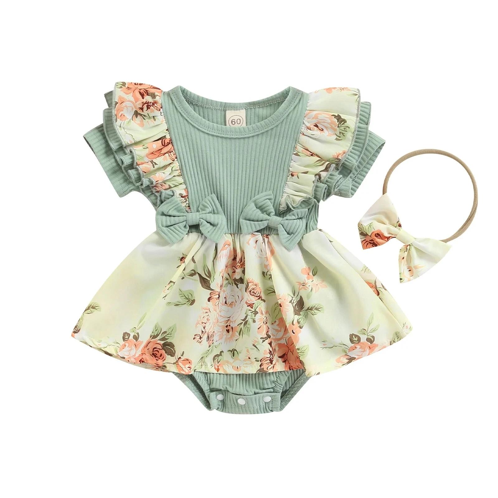 

Summer Infant Baby Girls Dress Flying Sleeve Bodysuit + Bow Headband Flower Pattern Ruffle Sweet Style Clothing 0-3M зелений