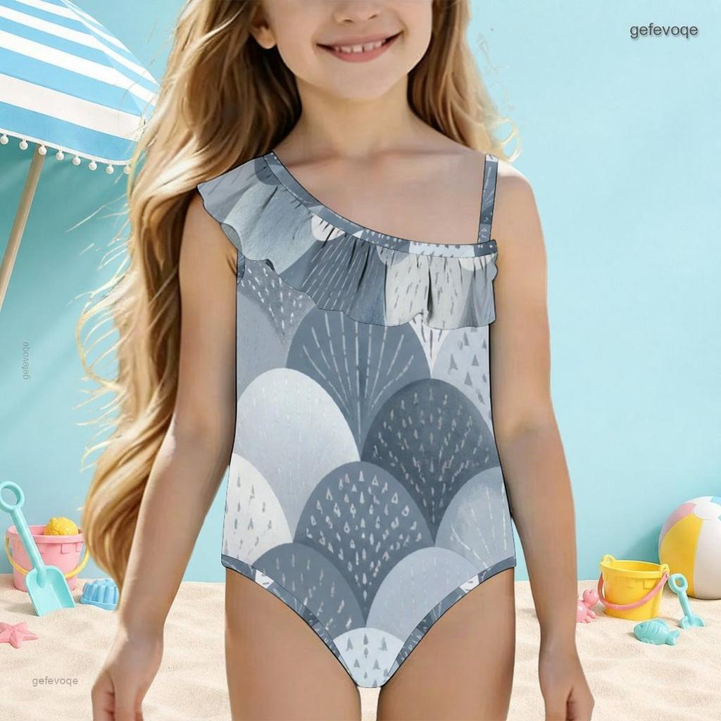 Girls One Shoulder Ruffle One Piece Grey Printed Swimsuit