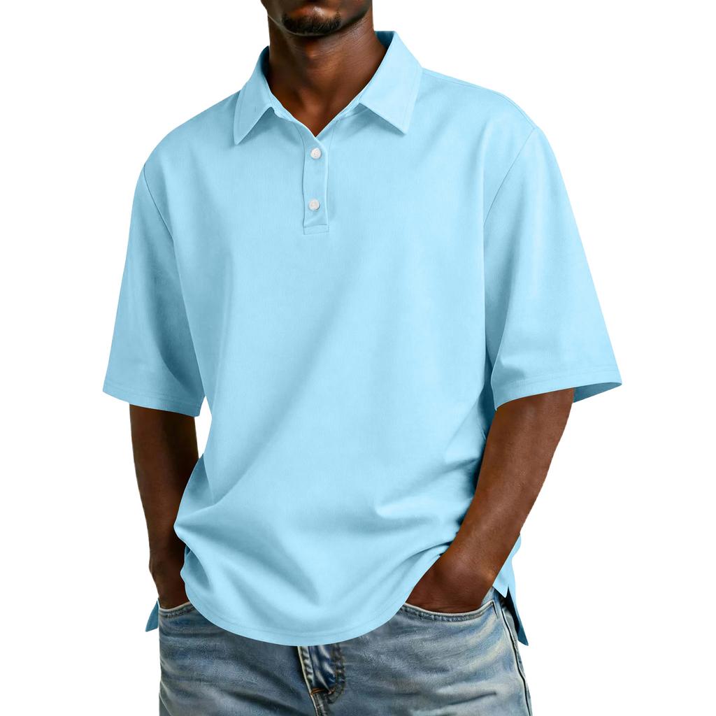 Men Short Sleeve Polo Shirt Classic Fit Cotton Blend Three Button Placket Casual Collar Top for Everyday Wear