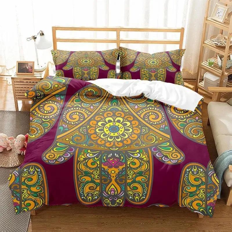 Hamsa Hand Duvet Cover King Queen Boho Black Gold Lucky Hand of Fatima Bedding Set Hippie Paisley Tribal Polyester Quilt Cover
