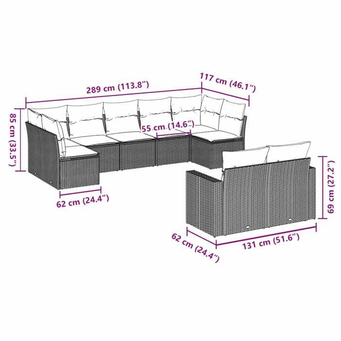 VidaXL Garden Lounge Set with Cushions 9 Pcs, Patio Sofas, Furniture Set, Outdoor Terrace Furniture, Brown 3219413