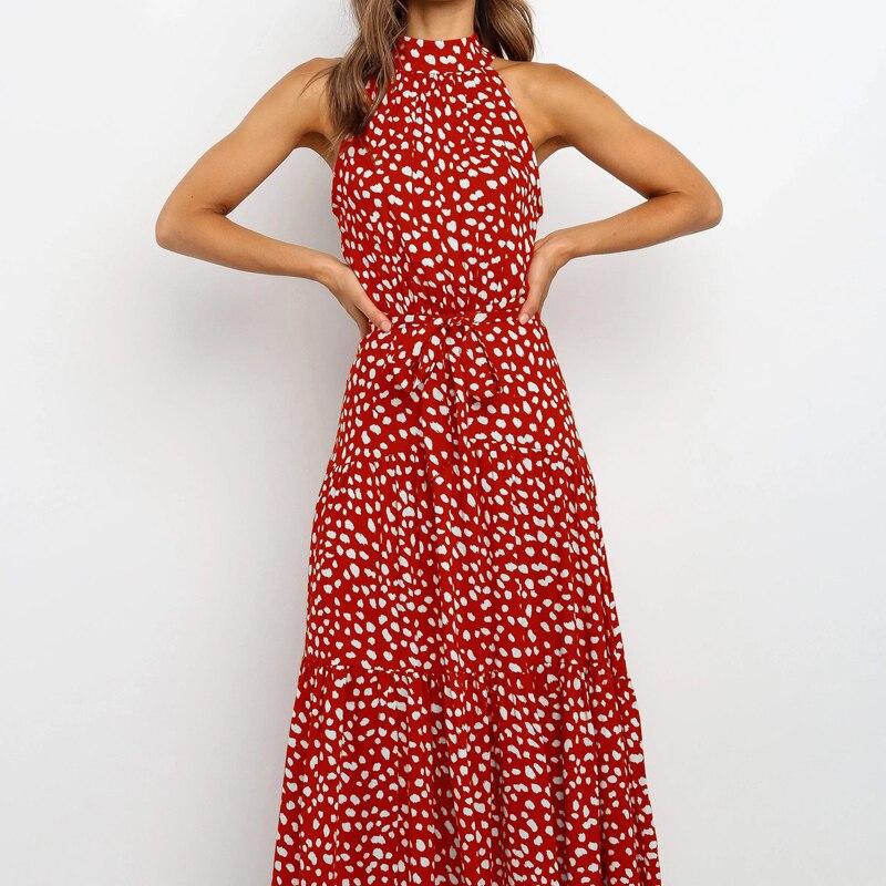 Sexy Neck-mounted Dot Beach Dress For Holiday Summer Casual Sleeveless Floral Printed Long Dress Women Fashion Robe Femme 25765