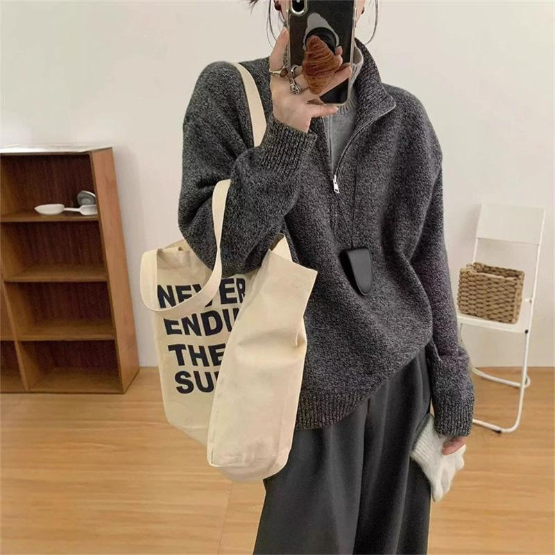 

Lazy wind fake two-piece pullover sweater women s autumn and winter new loose design semi-zipper knitted sweater top One size