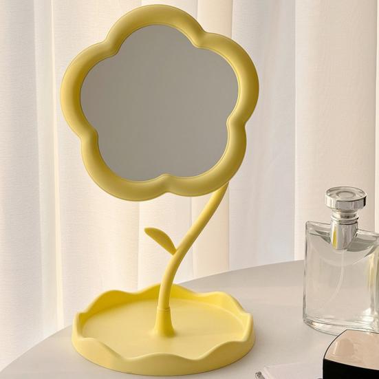 Flower Desk Makeup Mirror with Storage Tray 360 Degrees Rotation Desktop Vanity Mirror Multi-purpose Women Cosmetic Table Mirror Jewelry Organizer