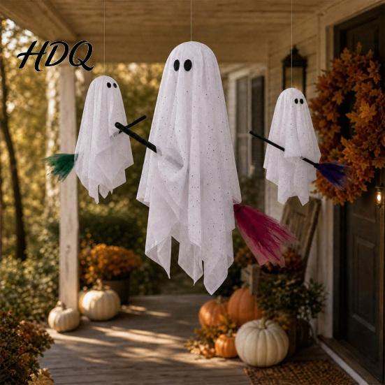 Decorative Ghost for Trees 3 Pcs Halloween Decorations Spooky Hanging with Broom Cozy Glow Lighting Large Flying White Tree Porch Yard Patio