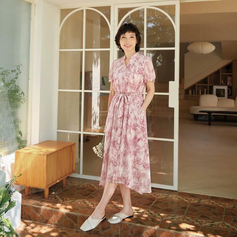 Cherry Blossom Ink Wash V-Neck Silk Blend Dress 3XL