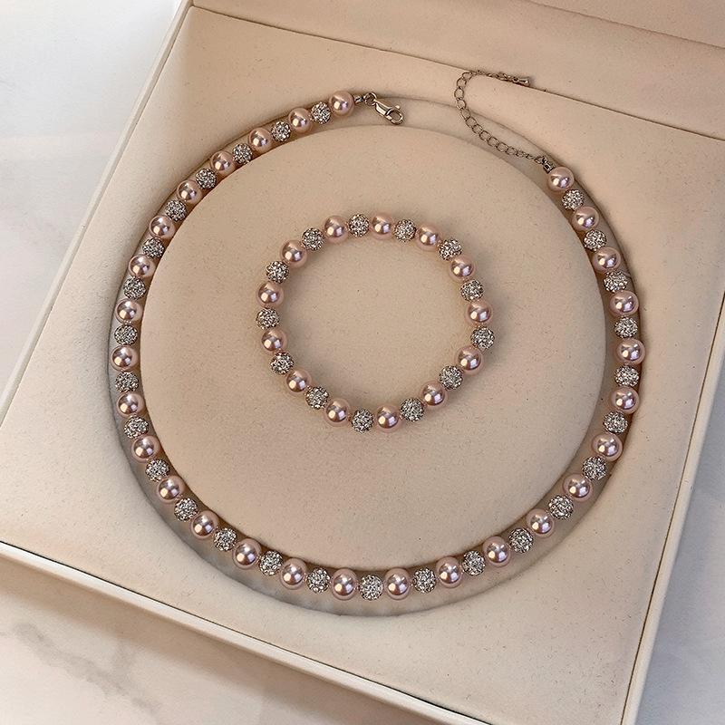 Light purple pearl bracelet necklace women's 5A zircon beaded collarbone chain Korean version new accessories