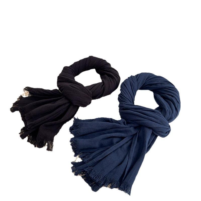 Japanese autumn and winter versatile solid color navy blue pleated cotton scarf winter warm shawl scarf men's large-sized scarve
