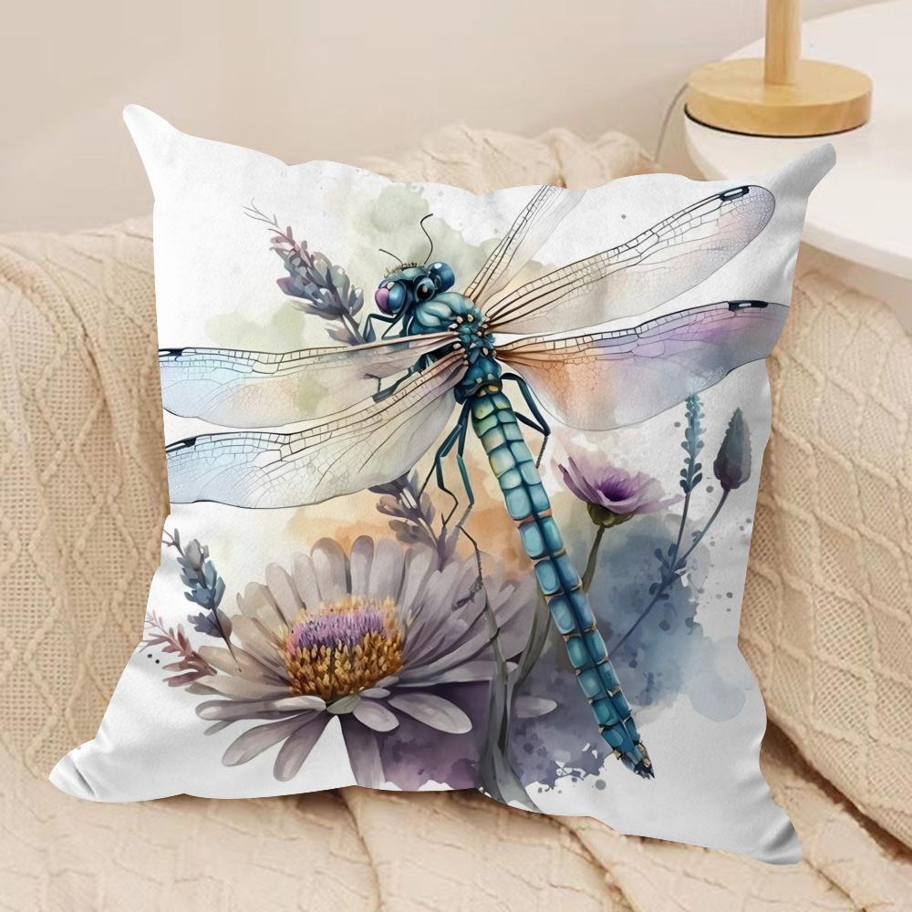 Watercolor Dragonfly and flower Cushion Cover Short plush Doublesided Print Square Throw Pillow Covers Sofa Home Cushion Decor