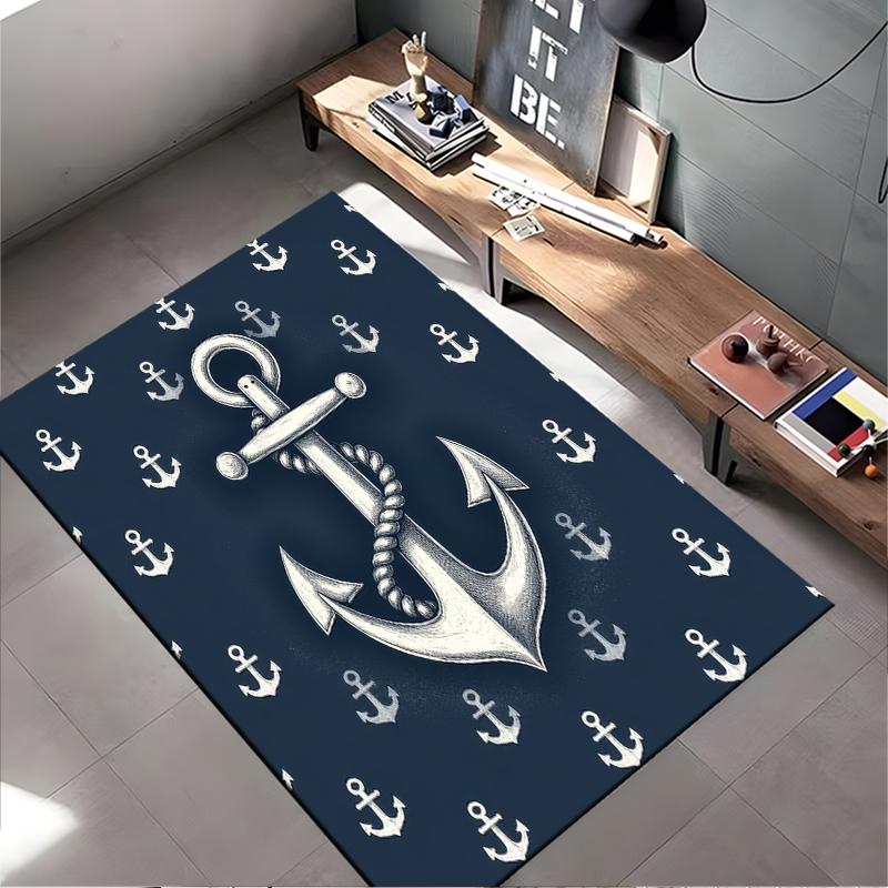 Nautical Area Rug, Navy Blue Silver Anchor Rope Seamless Pattern Print, Coastal Beach House Lake Cabin Decor, Non-Slip Mat