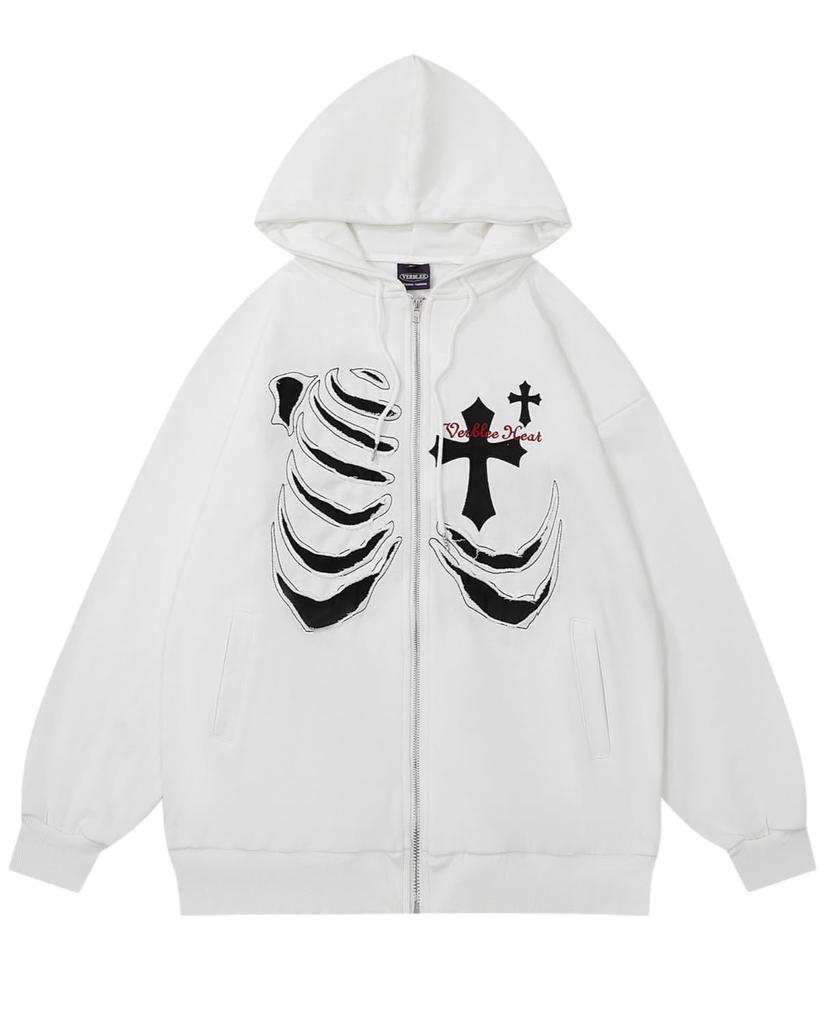 Harajuku Y2K Rib Cross, Autumn Women's Hooded Sweatshirt Zip Print Long Sleeve Loose Hoodie Jacket