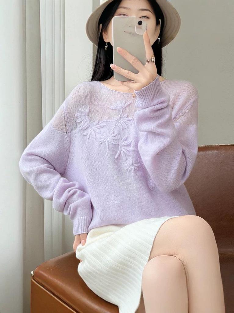 2026 Autumn/Winter Pure Wool Hand-Embroidered Women's Loose Sweater with Round Neck and Long Sleeves