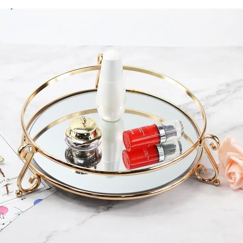 Tavă de Depozitare Oglindă de Sticlă pentru Casă în Stil European, Afișaj Creativ Geometric din Fier Forjat, Rotund s Ornamente