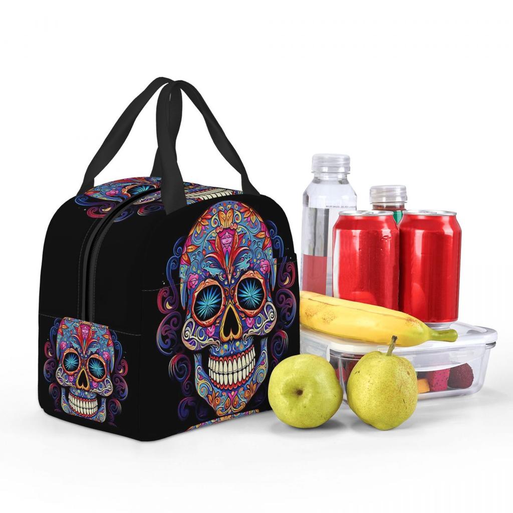 Mexican Sugar Skull Day Of The Dead Sugar Skull Insulated Lunch Bag for Women Kids Leakproof Food Boxes Thermal Lunch Box Tote