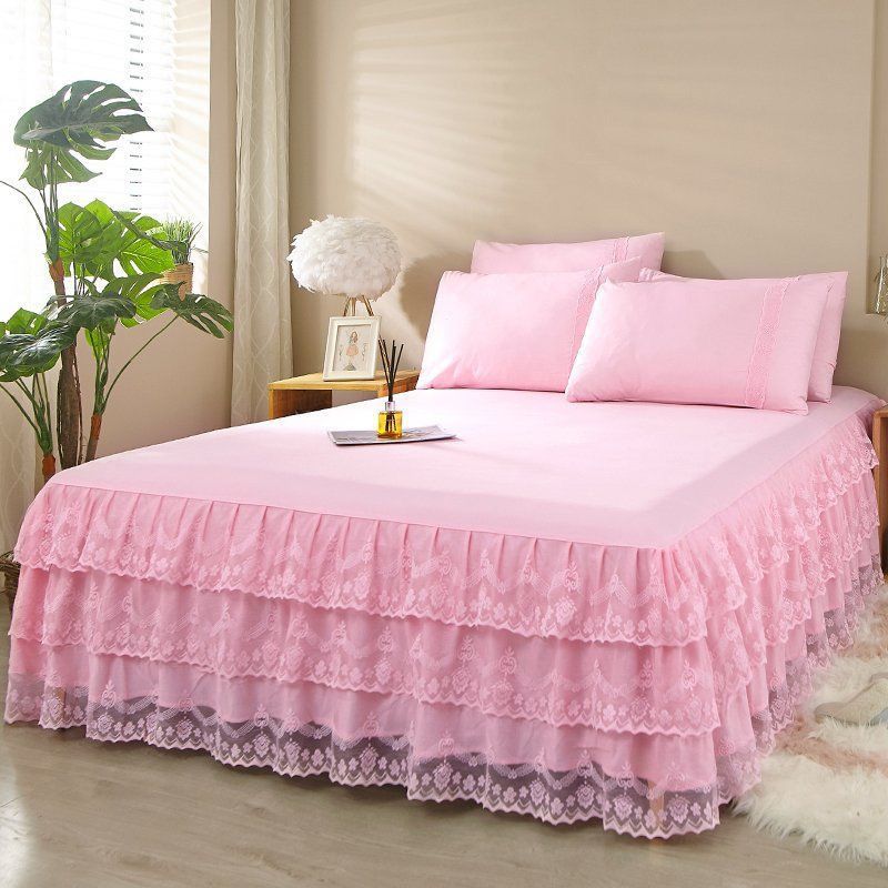 Lace Ruffled Bed Skirt Lace Lace 3 Pcs Set Non-slip Mattress Cover Princess Style Non-pilling Bedroom Bed Cover 3 Pcs Set